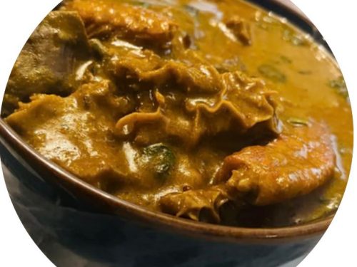 Temperature: Hot Ingredients: Assorted meat, vegetable leaves (ugu/spinach), Dried fish, crayfish powder, Hot pepper, mango seed, chicken cube, garlic and ginger powder, salt, hot curry powder, palm oil, water Allergies: Crustaceans, dairy, Celery